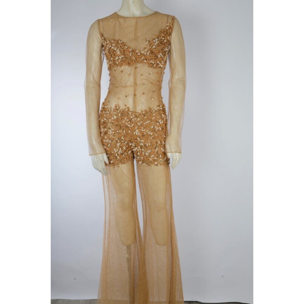 VTG One of a Kind Couture Jumpsuit Sheer Metallic Gold Beaded Wide Leg Designer - Picture 12 of 16